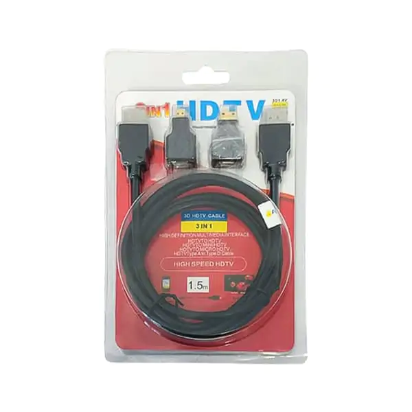 کابل HDMI مدل Hs 3 in 1 به طول 1.5 متر به همراه تبدیل Mini HDMI و Micro HDMI