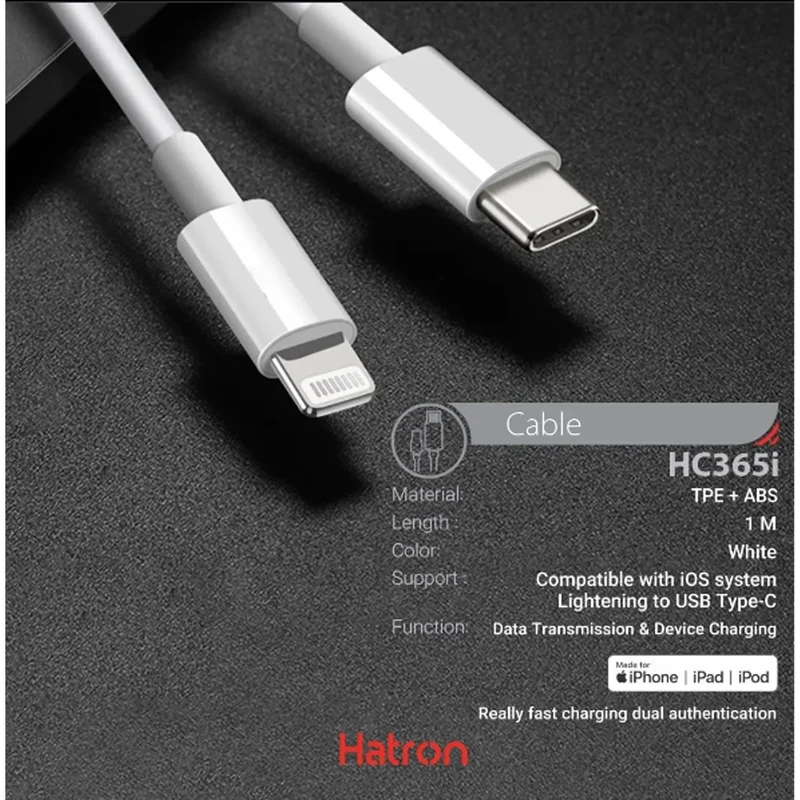 کابل شارژ USB-C به لایتنینگ هترون مدل MFI HC365i طول 1متر